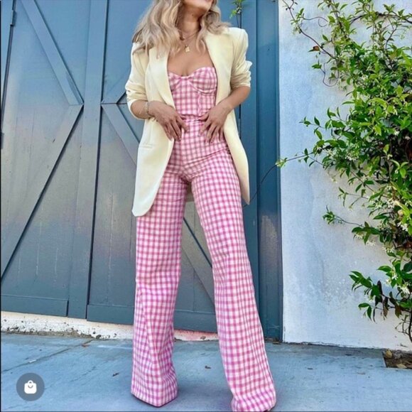 Zara Pink Gingham Check Corset Style Strapless Bustier Crop Top & Pants Set - Picture 2 of 5